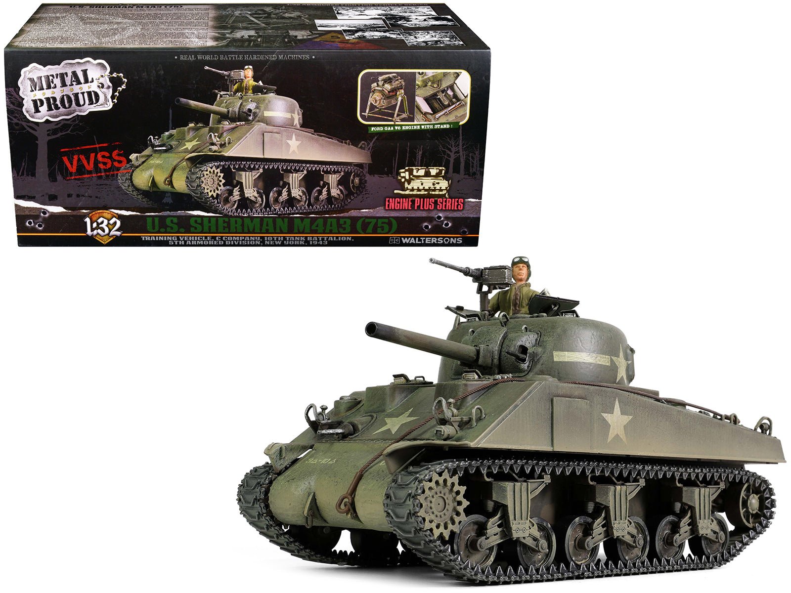 Sherman M4A3 (75) Medium Tank U.S. "Training vehicle C Company 10th Tank Battalion 5th Armored Division New York" (1943) "Engine Plus" Series 1/32 Diecast Model by Metal Proud  free shipping USA