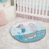 Sugar Reef Mermaid 4 Piece Nursery Crib Bedding Set - Appliqued Round Play Quilt, 100% Cotton Fitted Crib Sheet, Shirred Crib Skirt with 16" Drop, Nursery Organizer - BIG FRENCHIES