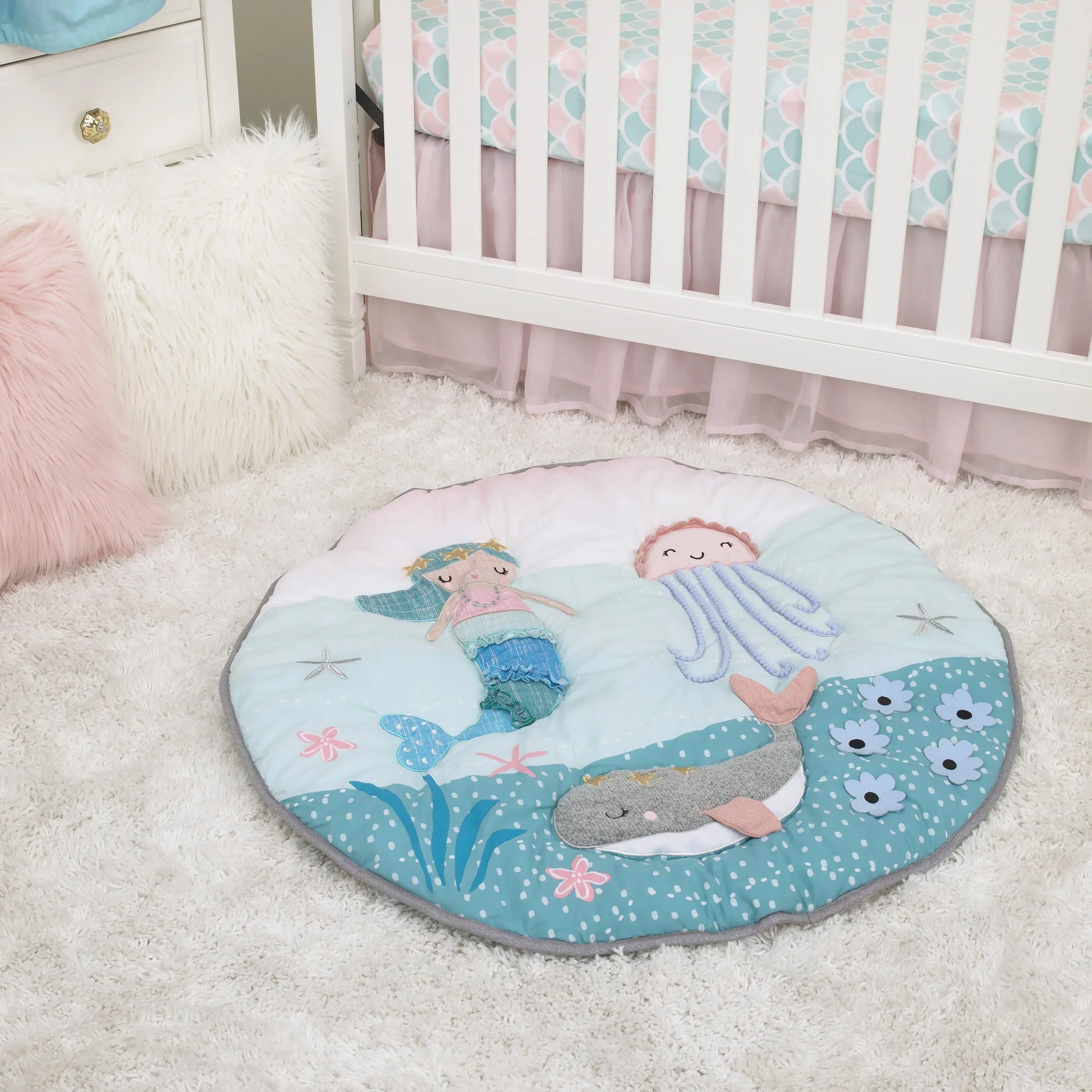 Sugar Reef Mermaid 4 Piece Nursery Crib Bedding Set - Appliqued Round Play Quilt, 100% Cotton Fitted Crib Sheet, Shirred Crib Skirt with 16" Drop, Nursery Organizer - BIG FRENCHIES