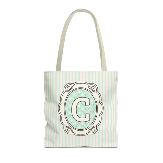 Soft Cottagecore Aesthetic Tote Bag with Flowers and Stripes, Cute Matching Bachelorette Gift for Sisters, Tote with Initial or Letter: C - BIG FRENCHIES