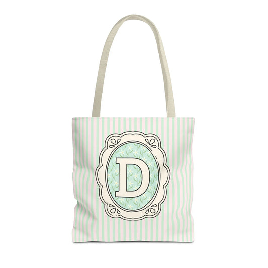 Soft Cottagecore Aesthetic Tote Bag with Flowers and Stripes, Cute Matching Bachelorette Gift for Sisters, Tote with Initial or Letter: D - BIG FRENCHIES