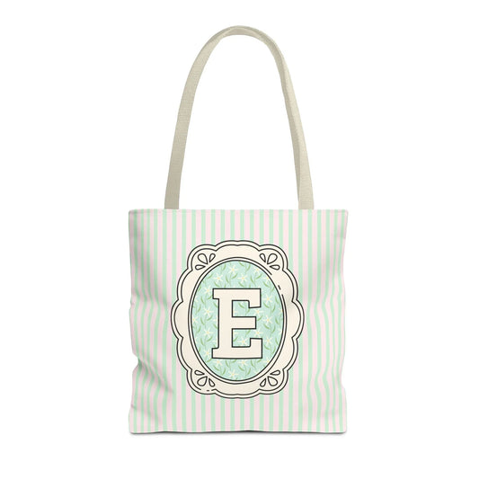 Soft Cottagecore Aesthetic Tote Bag with Flowers and Stripes, Cute Matching Bachelorette Gift for Sisters, Tote with Initial or Letter: E - BIG FRENCHIES