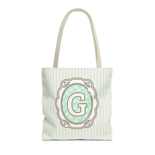 Soft Cottagecore Aesthetic Tote Bag with Flowers and Stripes, Cute Matching Bachelorette Gift for Sisters, Tote with Initial or Letter: G - BIG FRENCHIES