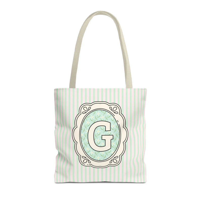 Soft Cottagecore Aesthetic Tote Bag with Flowers and Stripes, Cute Matching Bachelorette Gift for Sisters, Tote with Initial or Letter: G - BIG FRENCHIES