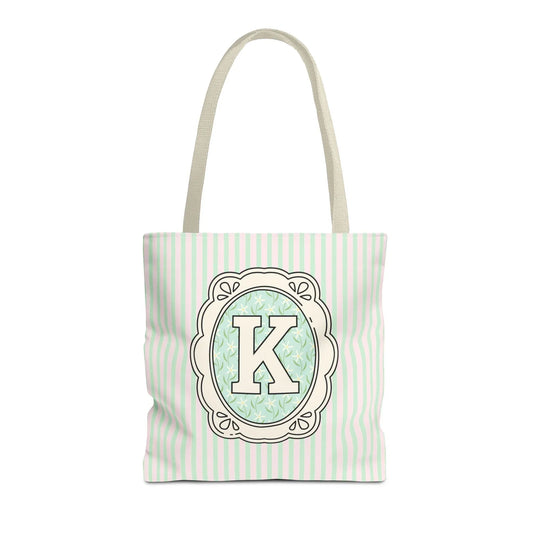 Soft Cottagecore Aesthetic Tote Bag with Flowers and Stripes, Cute Matching Bachelorette Gift for Sisters, Tote with Initial or Letter: K - BIG FRENCHIES