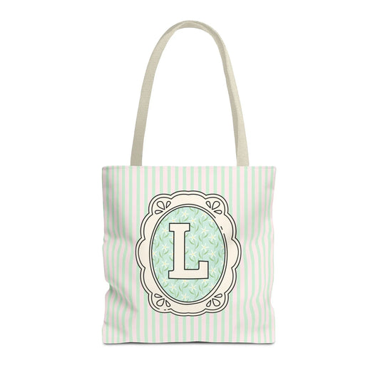 Soft Cottagecore Aesthetic Tote Bag with Flowers and Stripes, Cute Matching Bachelorette Gift for Sisters, Tote with Initial or Letter: L - BIG FRENCHIES