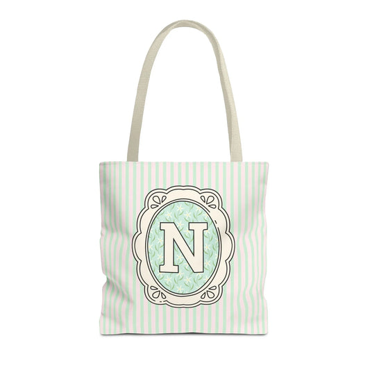 Soft Cottagecore Aesthetic Tote Bag with Flowers and Stripes, Cute Matching Bachelorette Gift for Sisters, Tote with Initial or Letter: N - BIG FRENCHIES