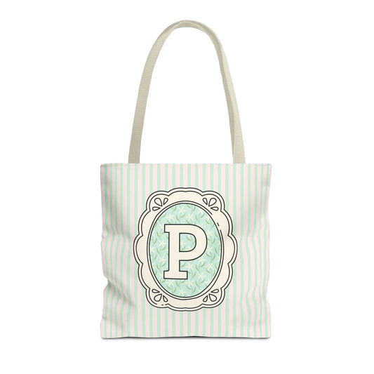 Soft Cottagecore Aesthetic Tote Bag with Flowers and Stripes, Cute Matching Bachelorette Gift for Sisters, Tote with Initial or Letter: P - BIG FRENCHIES