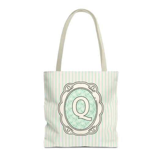 Soft Cottagecore Aesthetic Tote Bag with Flowers and Stripes, Cute Matching Bachelorette Gift for Sisters, Tote with Initial or Letter: Q - BIG FRENCHIES