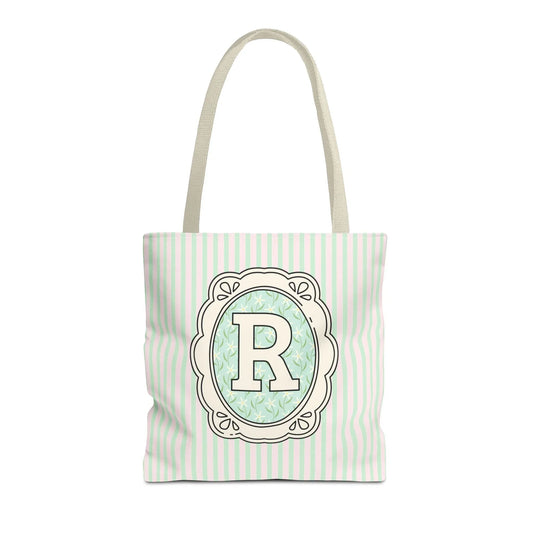 Soft Cottagecore Aesthetic Tote Bag with Flowers and Stripes, Cute Matching Bachelorette Gift for Sisters, Tote with Initial or Letter: R - BIG FRENCHIES