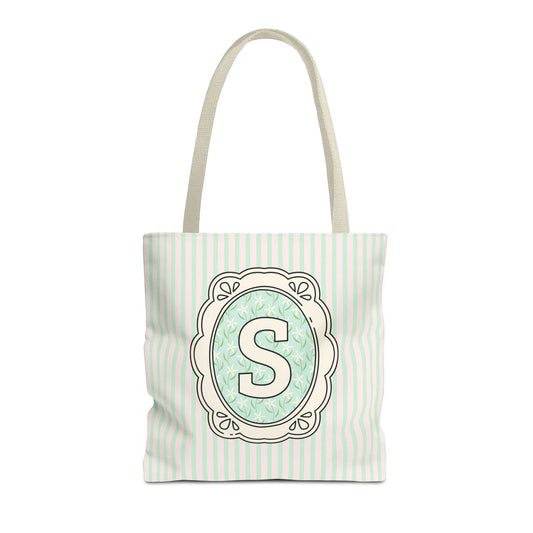 Soft Cottagecore Aesthetic Tote Bag with Flowers and Stripes, Cute Matching Bachelorette Gift for Sisters, Tote with Initial or Letter: S - BIG FRENCHIES
