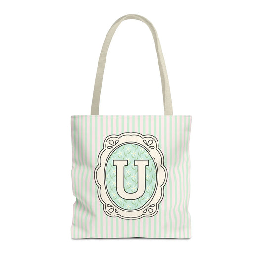 Soft Cottagecore Aesthetic Tote Bag with Flowers and Stripes, Cute Matching Bachelorette Gift for Sisters, Tote with Initial or Letter: U - BIG FRENCHIES