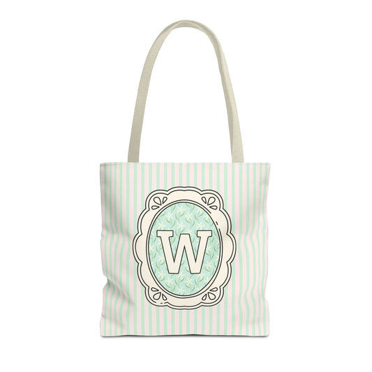 Soft Cottagecore Aesthetic Tote Bag with Flowers and Stripes, Cute Matching Bachelorette Gift for Sisters, Tote with Initial or Letter: W - BIG FRENCHIES
