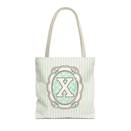 Soft Cottagecore Aesthetic Tote Bag with Flowers and Stripes, Cute Matching Bachelorette Gift for Sisters, Tote with Initial or Letter: X - BIG FRENCHIES