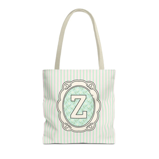 Soft Cottagecore Aesthetic Tote Bag with Flowers and Stripes, Cute Matching Bachelorette Gift for Sisters, Tote with Initial or Letter: Z - BIG FRENCHIES