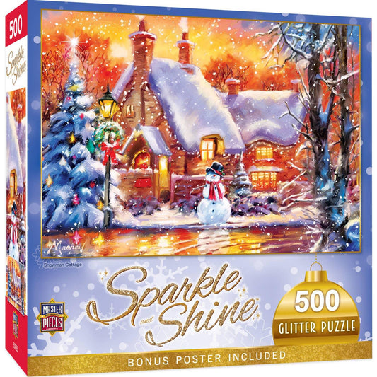 Sparkle & Shine - Snowman Cottage 500 Piece Glitter Jigsaw Puzzle | Masterpieces Puzzles - BIG FRENCHIES