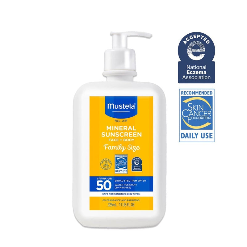Mustela Family Size Mineral Sunscreen SPF 50 Face + Body 10.9oz – Safe Sun Protection for Babies & Family