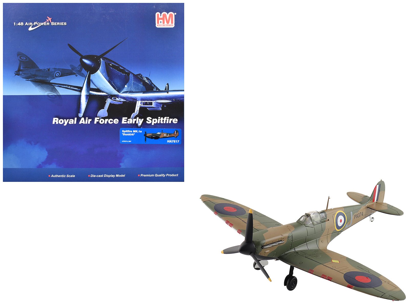 Supermarine Spitfire Mk.1a Fighter Aircraft "J/P9374 Dunkirk" British Royal Air Force "Air Power Series" 1/48 Diecast Model by Hobby Master  free shipping USA