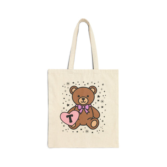 T: Bear Holding a Heart Tote Bag with Initial - BIG FRENCHIES
