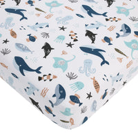Explore Dream Discover Light Blue, Navy, Gray and Coral Ocean 4 Piece Nursery Crib Bedding Set - Comforter, 100% Cotton Fitted Crib Sheet, Crib Skirt and Nursery Organizer - BIG FRENCHIES