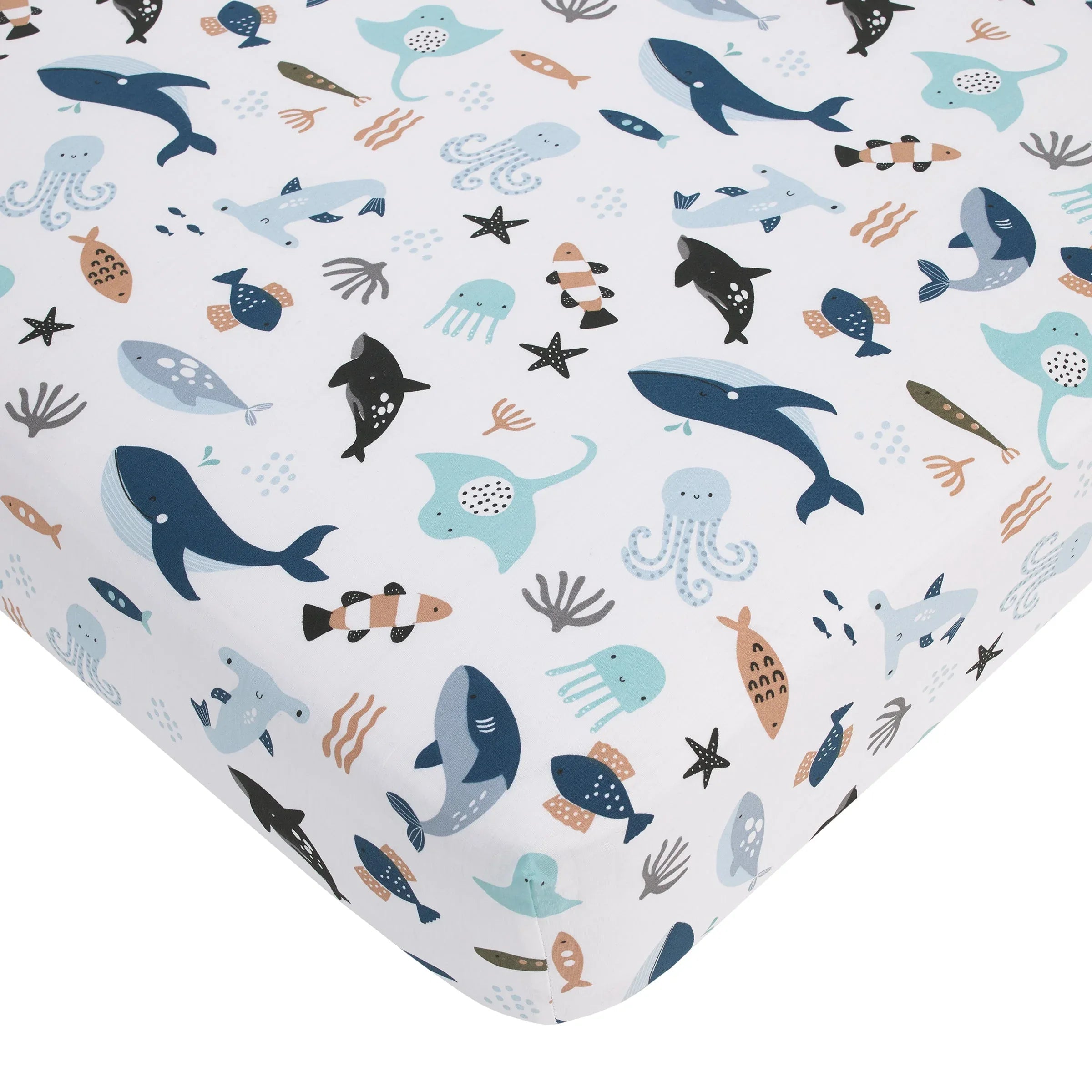 Explore Dream Discover Light Blue, Navy, Gray and Coral Ocean 4 Piece Nursery Crib Bedding Set - Comforter, 100% Cotton Fitted Crib Sheet, Crib Skirt and Nursery Organizer - BIG FRENCHIES