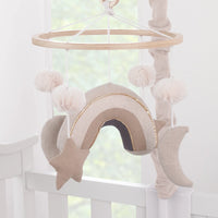 Rainbow Moon and Stars Pom Pom Ivory, Taupe, and Natural Wood Tones Plush Nursery Musical Mobile - BIG FRENCHIES