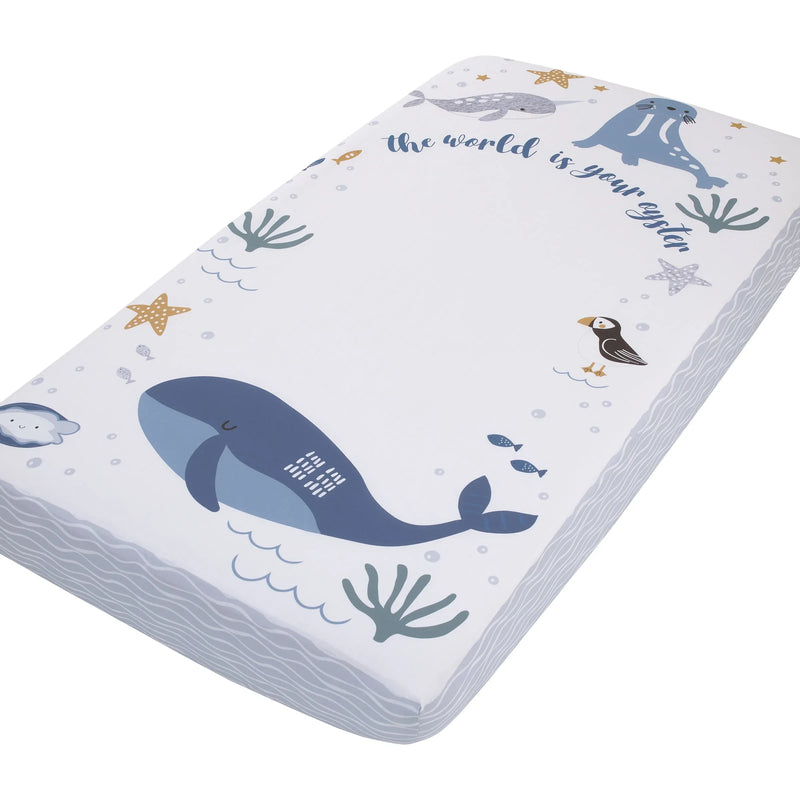 Arctic Adventure Light Blue, White, and Navy Whales, Narwhal, and Walrus "The World is your Oyster" 100% Cotton Photo Op Fitted Crib Sheet - BIG FRENCHIES