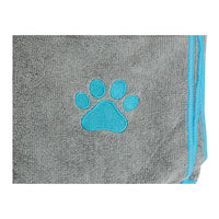 Country Living Large Gray Microfiber Dog Bath Towel with Teal Embroidered Paw Print - BIG FRENCHIES