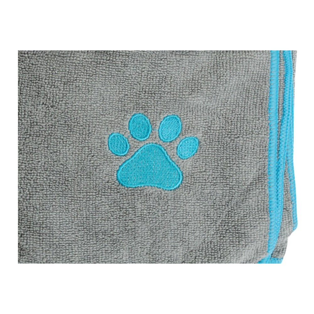 Country Living Large Gray Microfiber Dog Bath Towel with Teal Embroidered Paw Print - BIG FRENCHIES