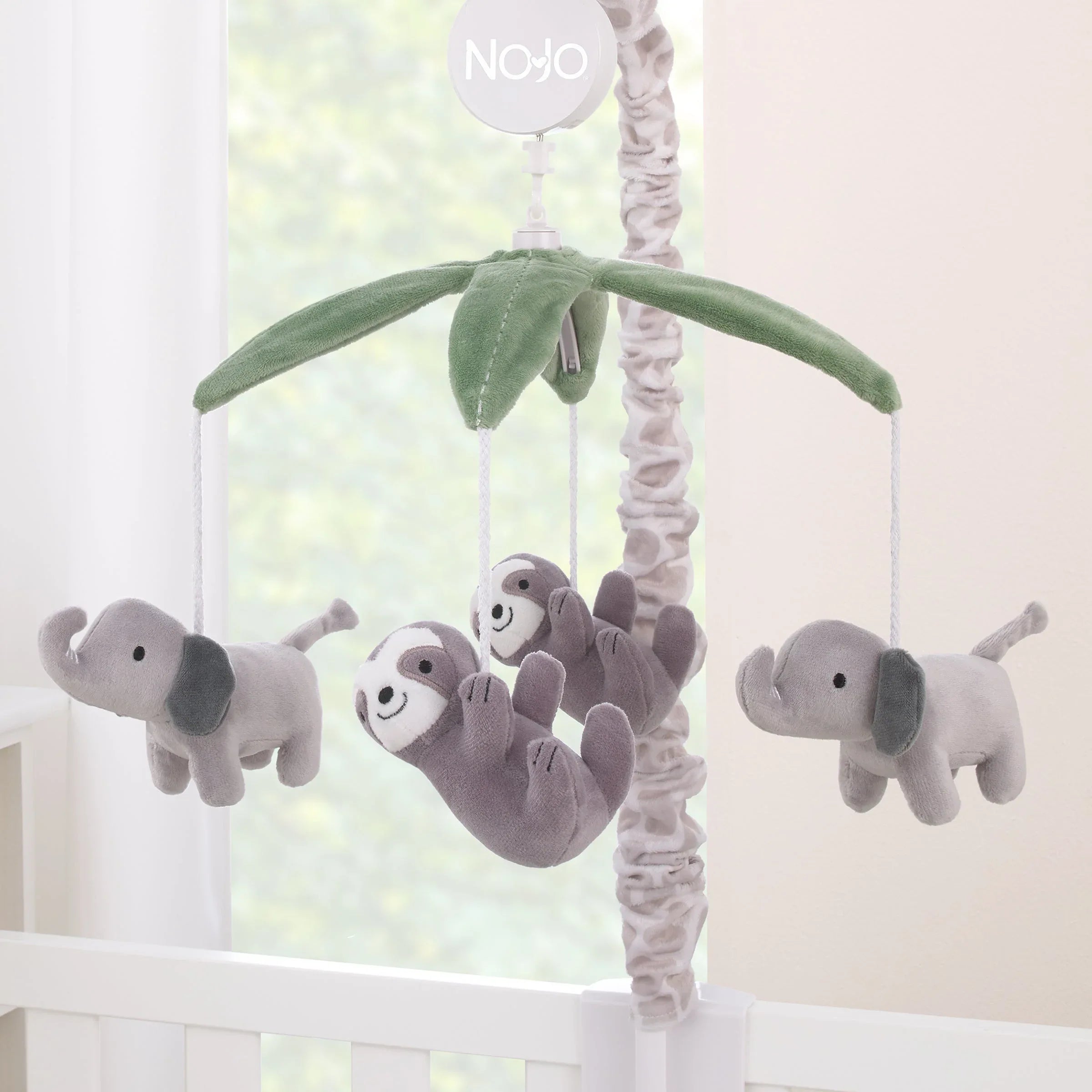 Plush Giraffe Taupe, Green, and Gray Elephants and Sloth's Musical Mobile - BIG FRENCHIES