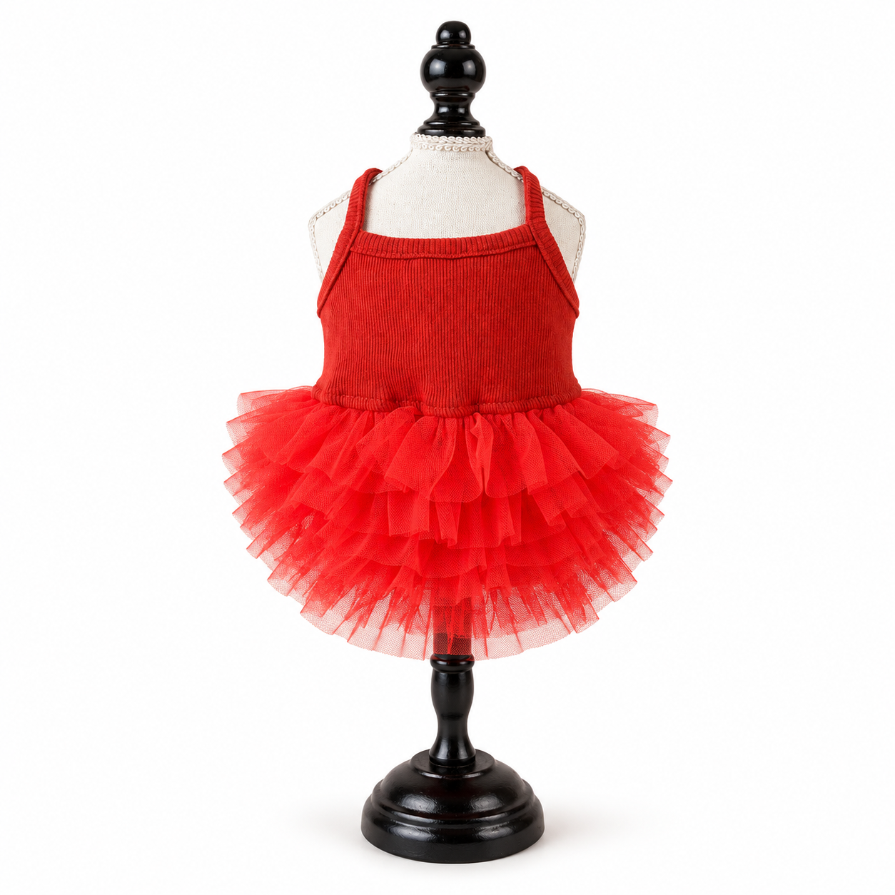 Red Ribbed Knit Dog Tutu Dress with Tulle Skirt