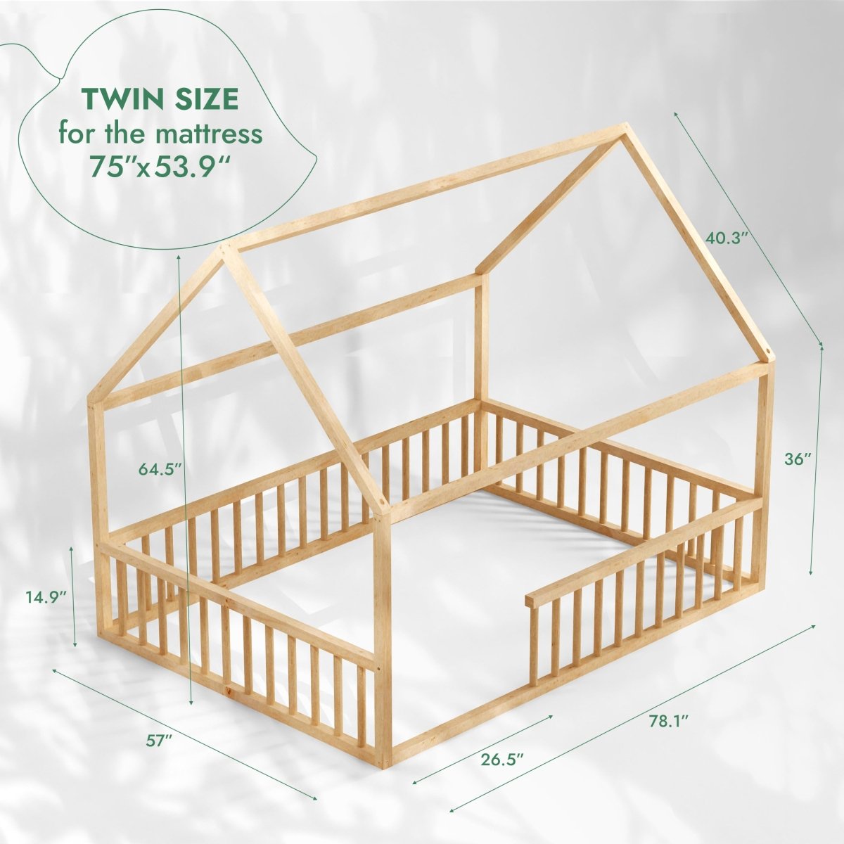 Twin Size Montessori House Bed for Kids with Fence
