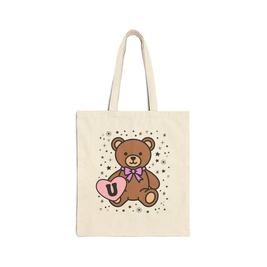 U: Bear Holding a Heart Tote Bag with Initial - BIG FRENCHIES