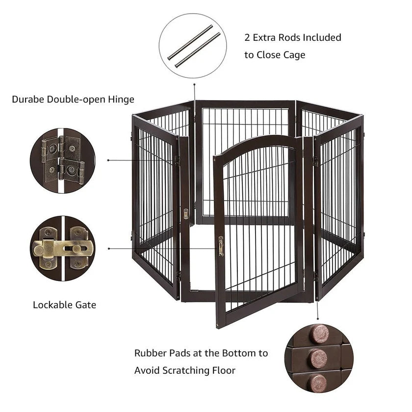 6-Panel Freestanding Wooden Dog Playpen & Pet Gate, 144"L x 31.5"H – Lockable Gate, No Wall Mounting, White/Espresso