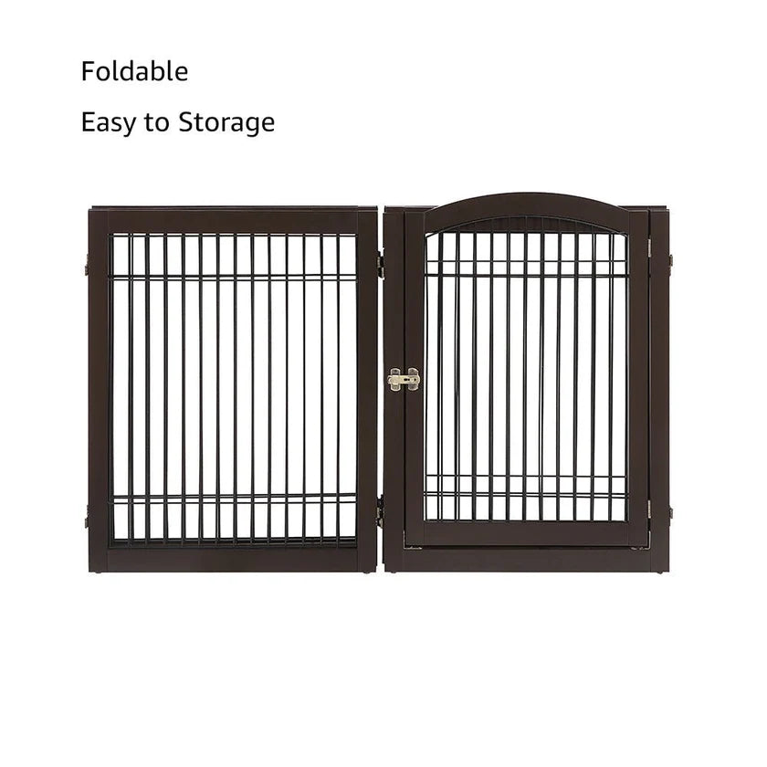 6-Panel Freestanding Wooden Dog Playpen & Pet Gate, 144"L x 31.5"H – Lockable Gate, No Wall Mounting, White/Espresso