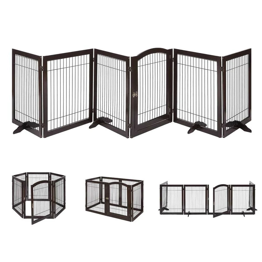 6-Panel Freestanding Wooden Dog Playpen & Pet Gate, 144"L x 31.5"H – Lockable Gate, No Wall Mounting, White/Espresso