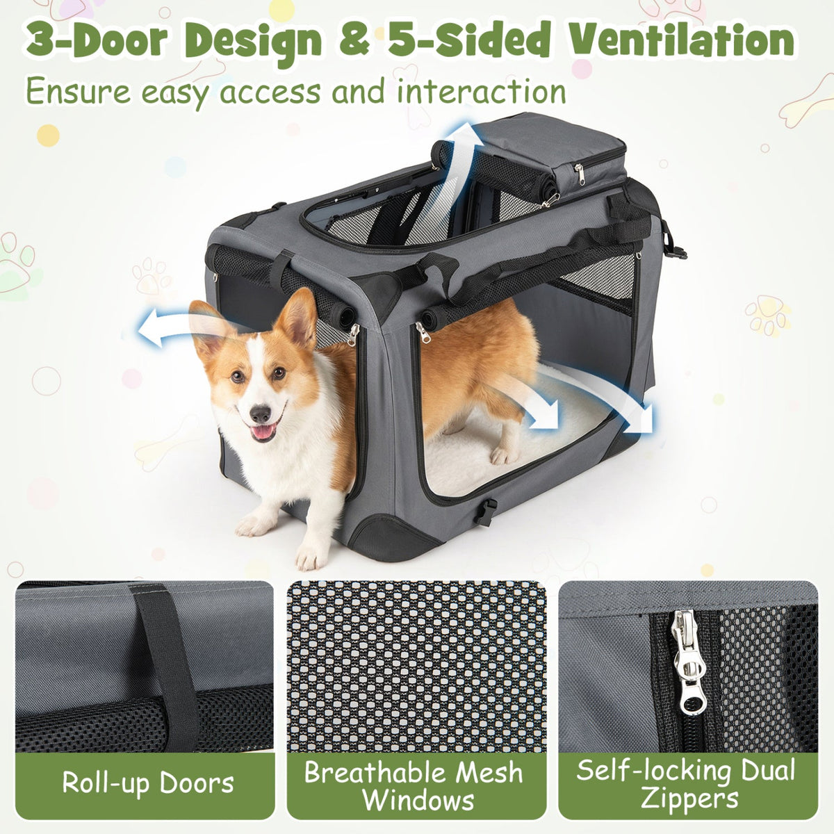 Soft Collapsible Dog Crate with Mesh Windows and 3 Doors