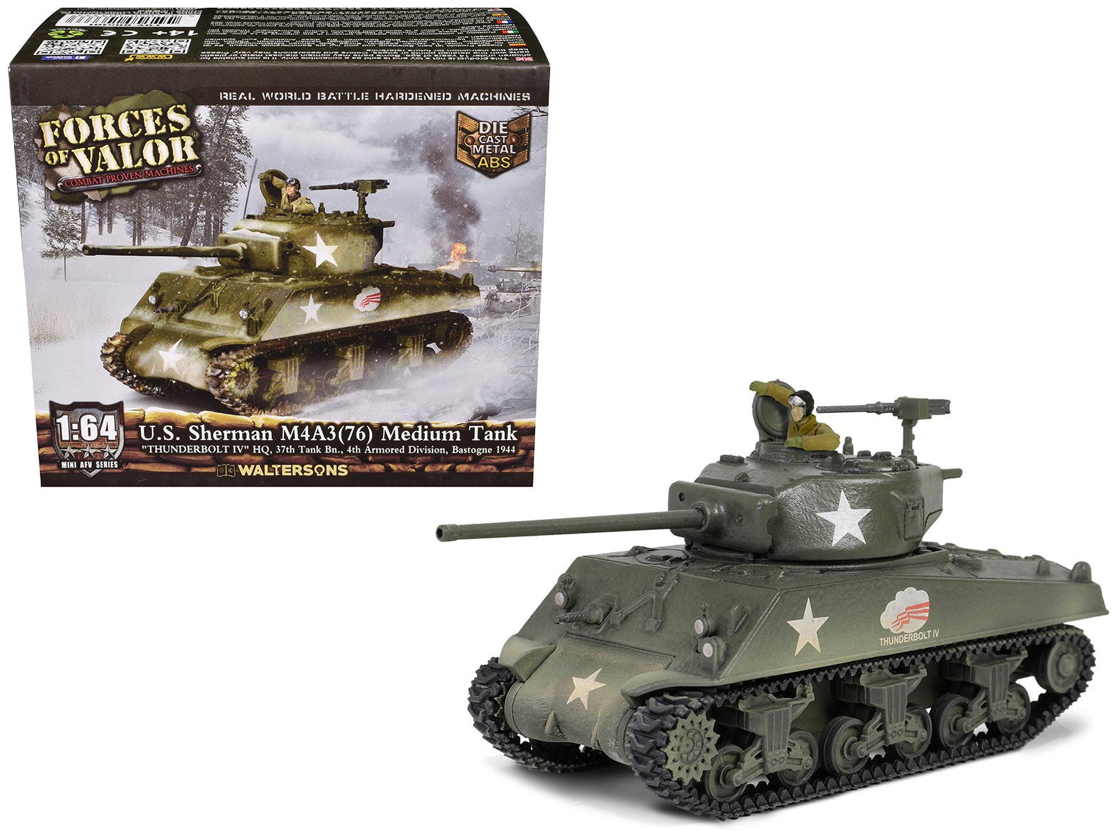 U.S. Sherman M4A3(76) Medium Tank "THUNDERBOLT IV 37th Tank Battalion 4th Armored Division Bastogne" (1944) United States Army "Mini AFV" Series 1/64 Diecast Model by Forces of Valor  free shipping USA
