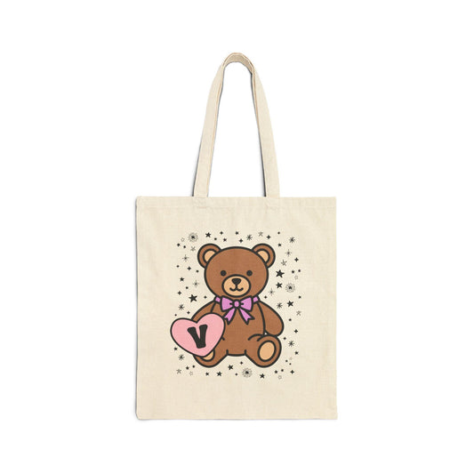 V: Bear Holding a Heart Tote Bag with Initial - BIG FRENCHIES