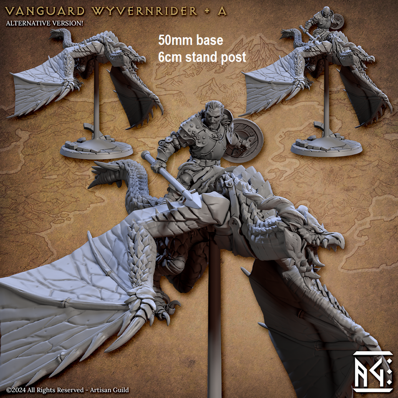 Vanguard Wyvernrider: Base Sculpt A (Mounted Male Human Fighter)-3D Printed Miniatures-BIG FRENCHIES-All Systems Go Games