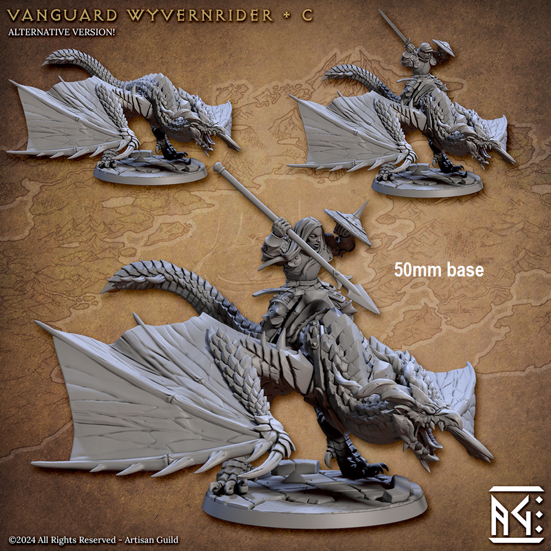 Vanguard Wyvernrider: Base Sculpt C (Mounted Female Human Fighter)-3D Printed Miniatures-BIG FRENCHIES-All Systems Go Games