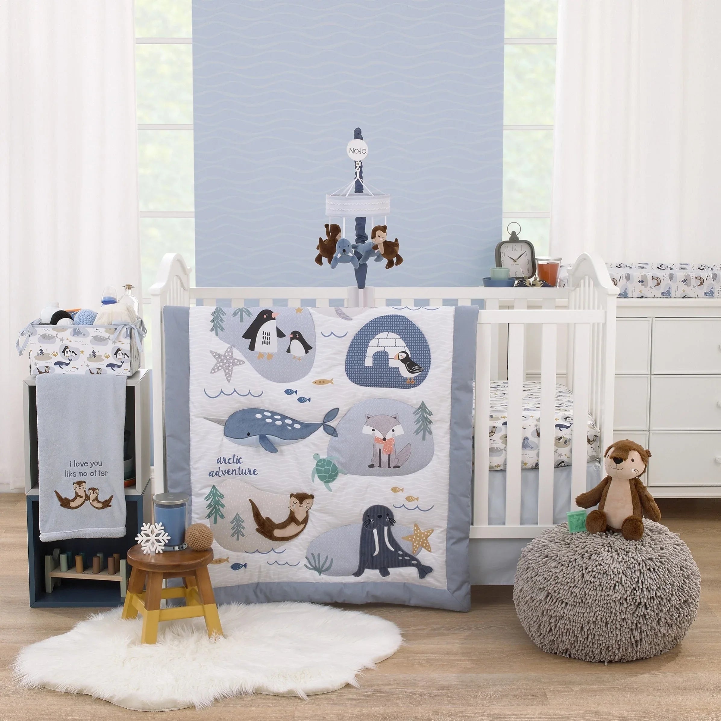 Arctic Adventure Light Blue, White, Navy and Taupe Whales, Penguins, Walrus and Otters Super Soft Contoured Changing Pad Cover - BIG FRENCHIES