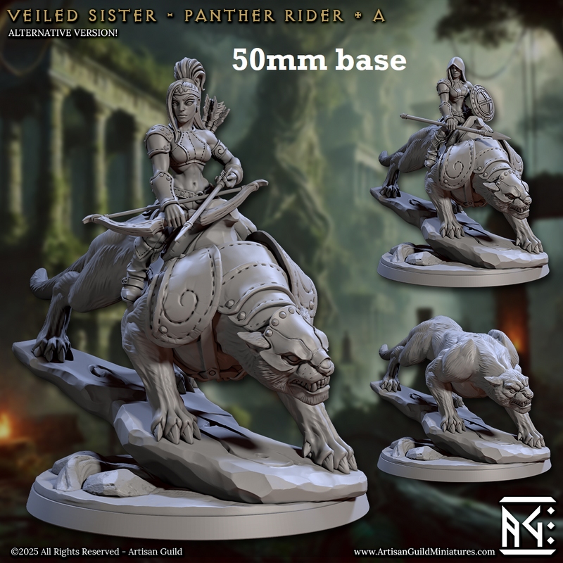 Veiled Sister Panther Rider: Sculpt A (Female Human Ranger Cavalry Unit)-3D Printed Miniatures-BIG FRENCHIES-All Systems Go Games
