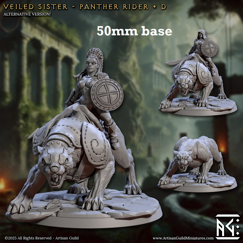 Veiled Sister Panther Rider: Sculpt D (Female Human Fighter Cavalry Unit)-3D Printed Miniatures-BIG FRENCHIES-All Systems Go Games