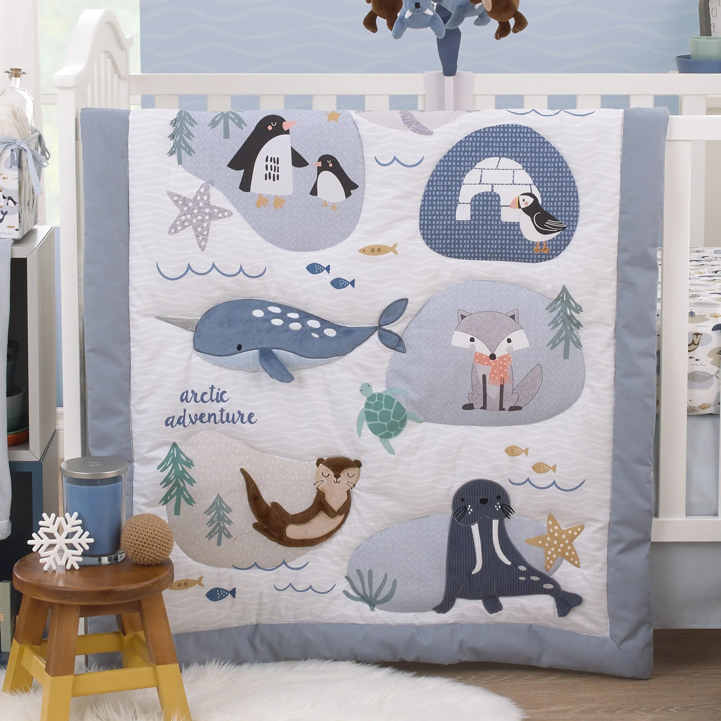 Arctic Adventure Light Blue, White, Taupe and Navy Whales, Walrus, and Otter 4 Piece Nursery Crib Bedding Set - Comforter, 100% Cotton Fitted Crib Sheet, Crib Skirt, and Storage Caddy - BIG FRENCHIES