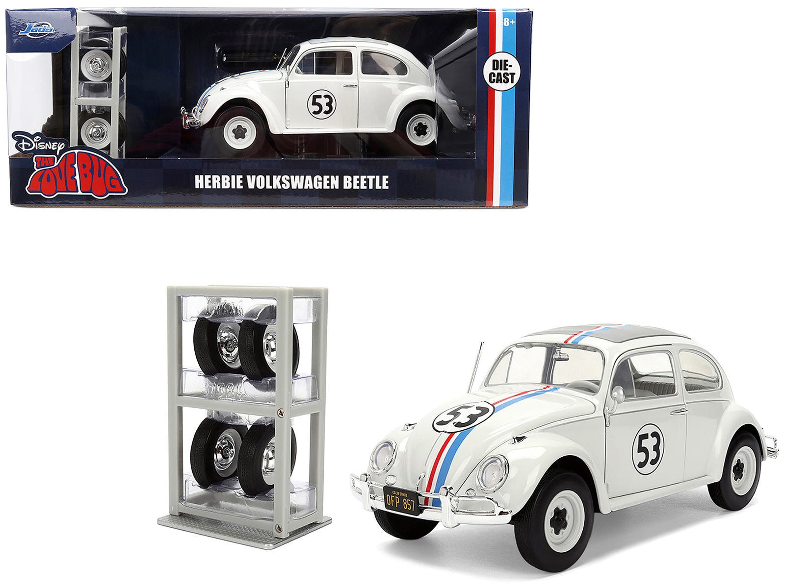 Volkswagen Beetle #53 "Herbie" White with Stripes "The Love Bug" (1968) Movie with Extra Wheels 1/24 Diecast Model Car by Jada  free shipping USA