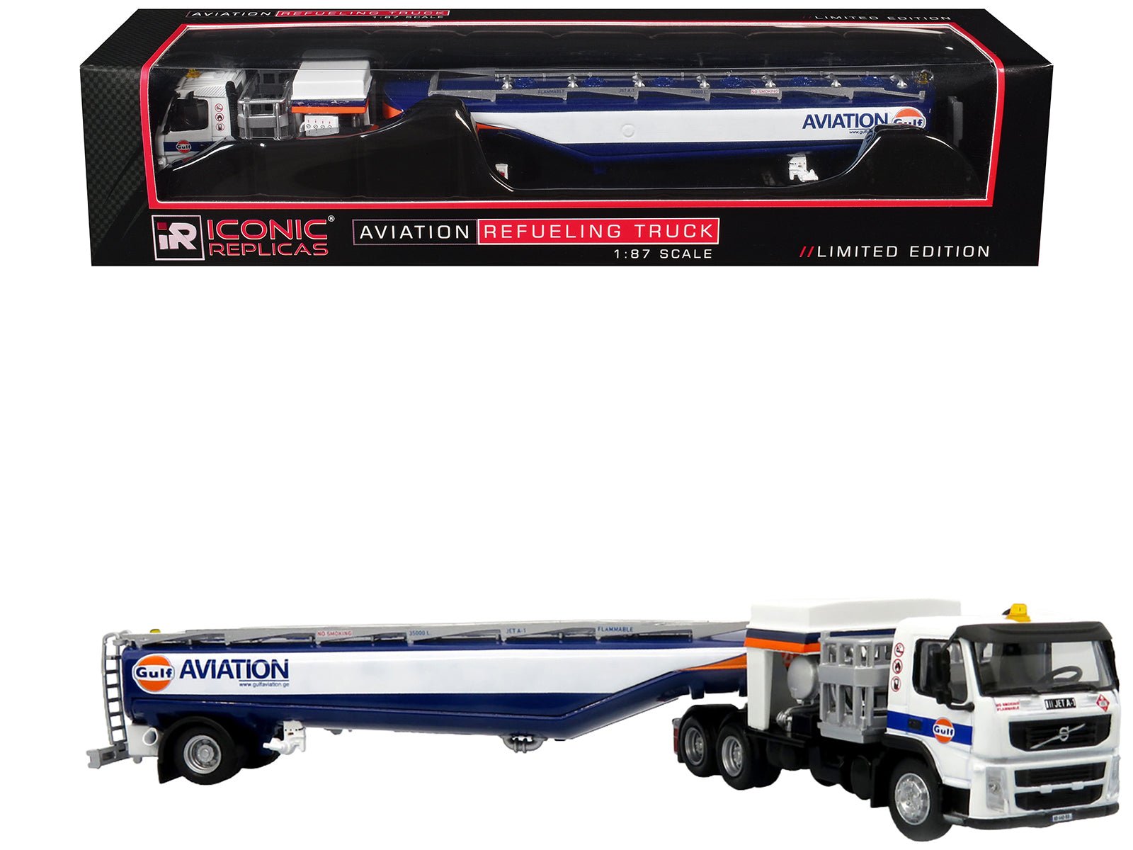 Volvo FM500 with Esterer Aviation Refueling Tanker Truck "Gulf Aviation" White with Blue Stripes Limited Edition 1/87 (HO) Diecast Model by Iconic Replicas  free shipping USA