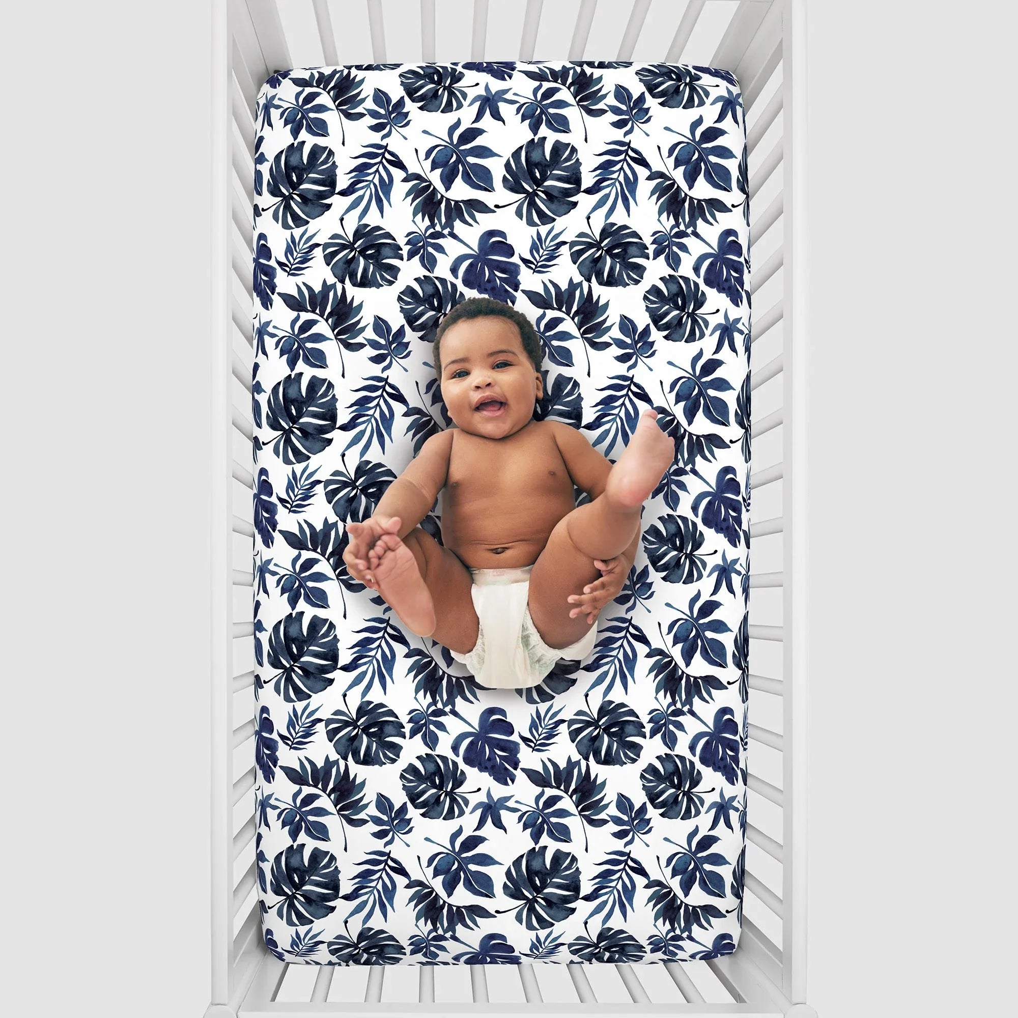 NoJo Super Soft Blue and White Palm Leaf Nursery Crib Fitted Sheet - BIG FRENCHIES