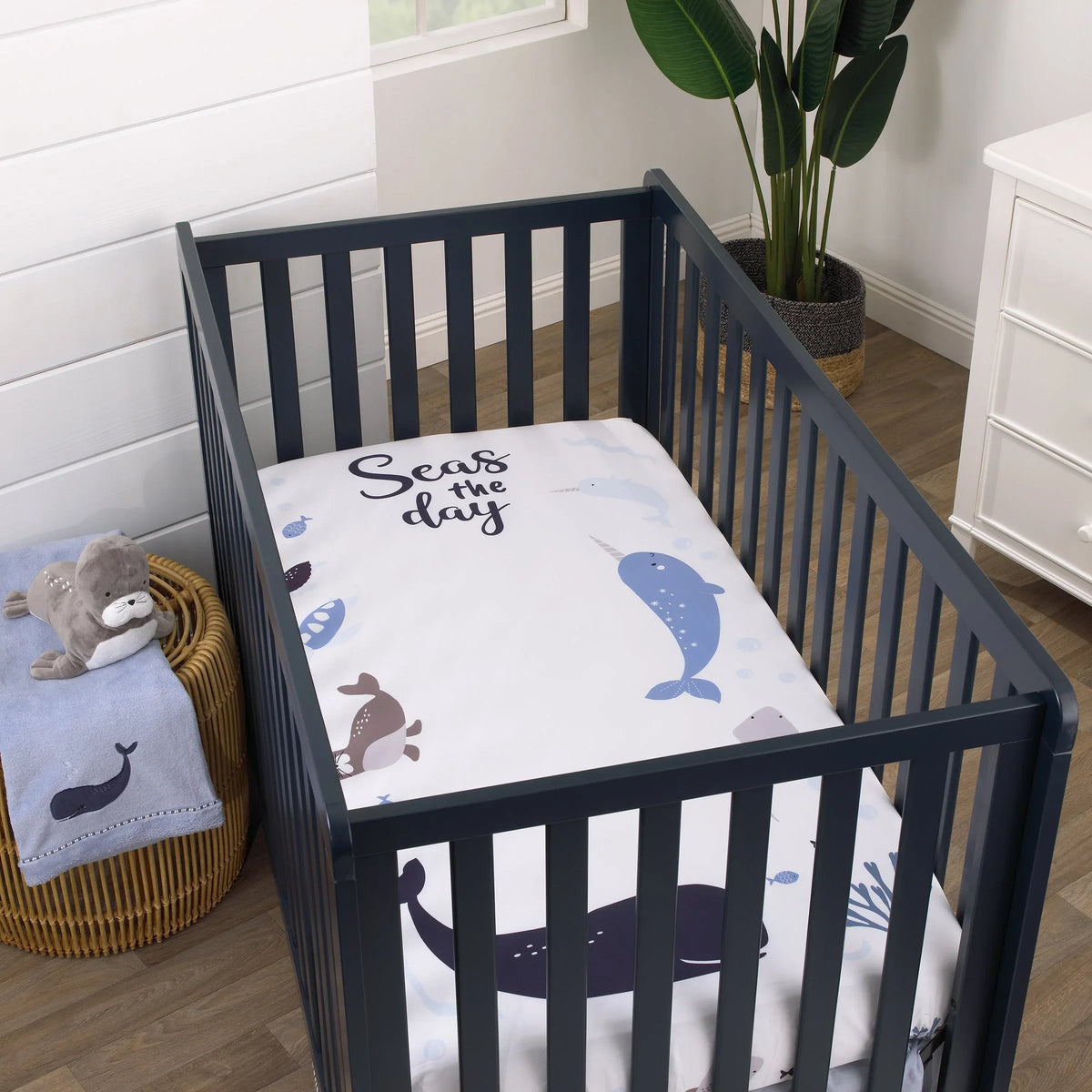 Seas The Day Multi Sea Animals Blue and White 100% Cotton Photo Op Fitted Crib Sheet - BIG FRENCHIES