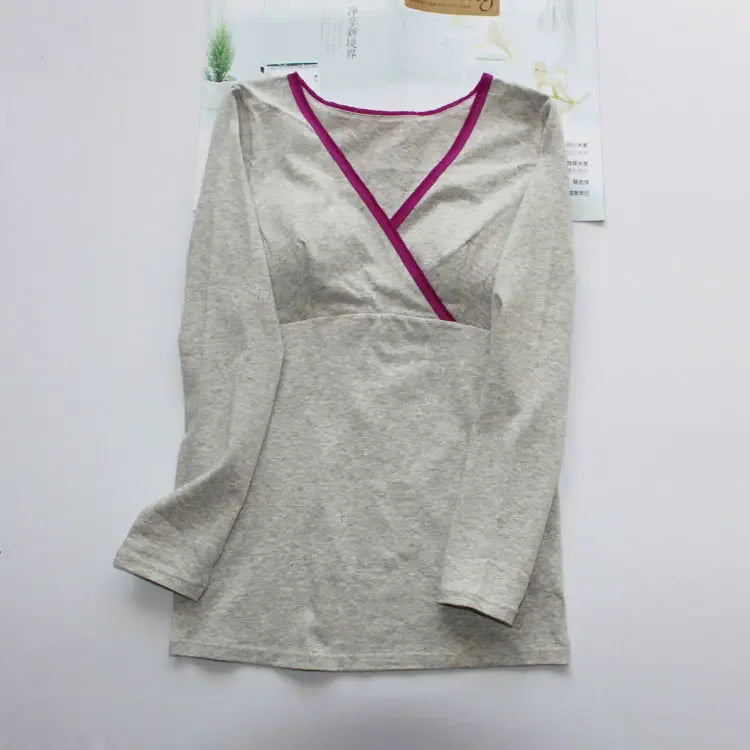 Women's Cotton Nursing Top, Long Sleeve V-Neck T-Shirt - # BAGE211510105-NURSG - BIG FRENCHIES